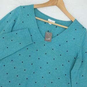 J. Jill Polka Dot Top Womens Small Teal Blue V-Neck Cotton Blend Long Sleeve New